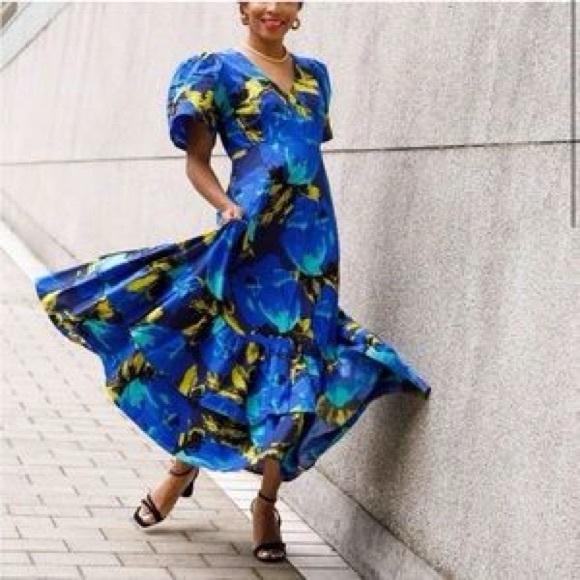Christopher John Rogers x Target Floral Puff Sleeve Tiered Dress Blue Size 6 - Picture 3 of 7